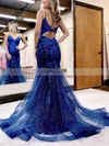Trumpet/Mermaid V-neck Tulle Glitter Sweep Train Prom Dresses With Appliques Lace #Favs020115924