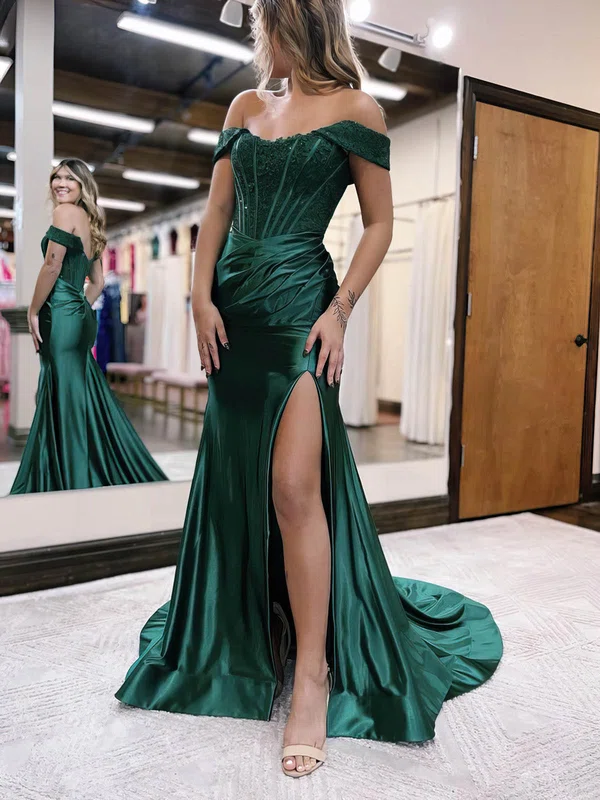 Sheath/Column Off-the-shoulder Silk-like Satin Sweep Train Prom Dresses With Appliques Lace #Favs020115925