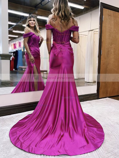 Sheath/Column Off-the-shoulder Silk-like Satin Sweep Train Prom Dresses With Appliques Lace #Favs020115925