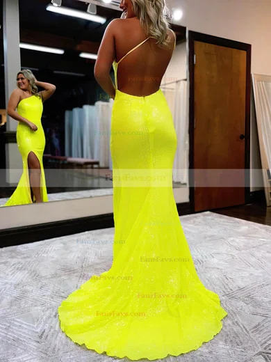 Sheath/Column One Shoulder Sequined Sweep Train Prom Dresses With Split Front #Favs020115928