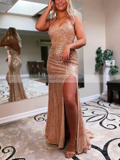 Sheath/Column V-neck Sequined Sweep Train Prom Dresses With Split Front #Favs020115932