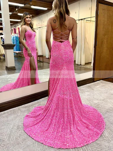 Sheath/Column V-neck Sequined Sweep Train Prom Dresses With Split Front #Favs020115934