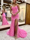 Sheath/Column V-neck Sequined Sweep Train Prom Dresses With Split Front #Favs020115934