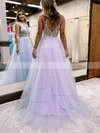 A-line V-neck Tulle Glitter Sweep Train Prom Dresses With Flower(s) #Favs020115937