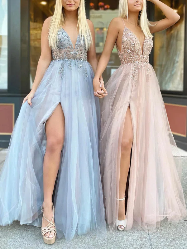 A-line V-neck Tulle Sweep Train Prom Dresses With Beading #Favs020115938