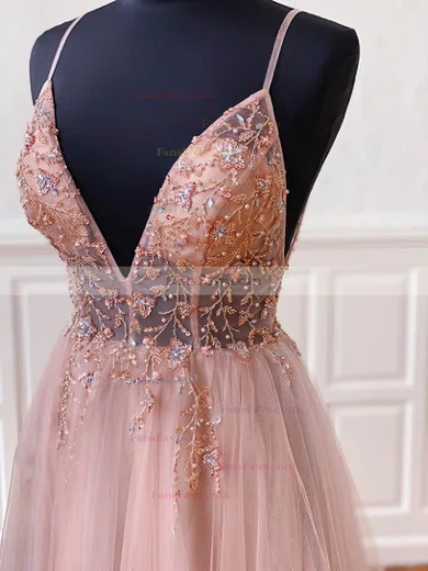 A-line V-neck Tulle Sweep Train Prom Dresses With Beading #Favs020115938