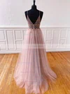 A-line V-neck Tulle Sweep Train Prom Dresses With Beading #Favs020115938