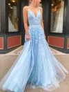 A-line V-neck Tulle Sweep Train Prom Dresses With Appliques Lace #Favs020115941