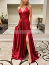 A-line V-neck Silk-like Satin Sweep Train Prom Dresses With Pockets #Favs020115942