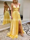 A-line V-neck Silk-like Satin Sweep Train Prom Dresses With Pockets #Favs020115942