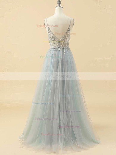 A-line V-neck Tulle Floor-length Prom Dresses With Beading #Favs020115947