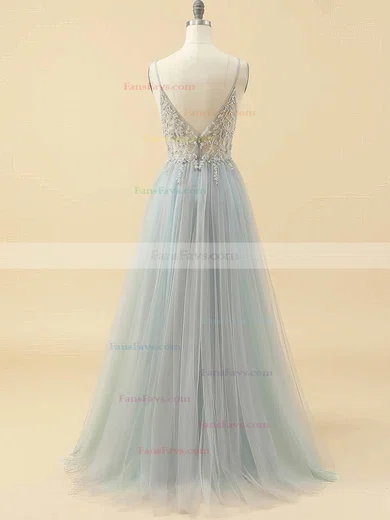 A-line V-neck Tulle Floor-length Prom Dresses With Beading #Favs020115947