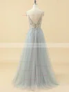 A-line V-neck Tulle Floor-length Prom Dresses With Beading #Favs020115947
