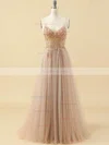 A-line V-neck Tulle Floor-length Prom Dresses With Beading #Favs020115947