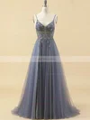 A-line V-neck Tulle Floor-length Prom Dresses With Beading #Favs020115947