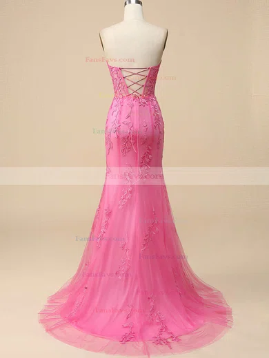 Sheath/Column Sweetheart Tulle Sweep Train Prom Dresses With Appliques Lace #Favs020115948