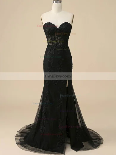 Sheath/Column Sweetheart Tulle Sweep Train Prom Dresses With Appliques Lace #Favs020115948