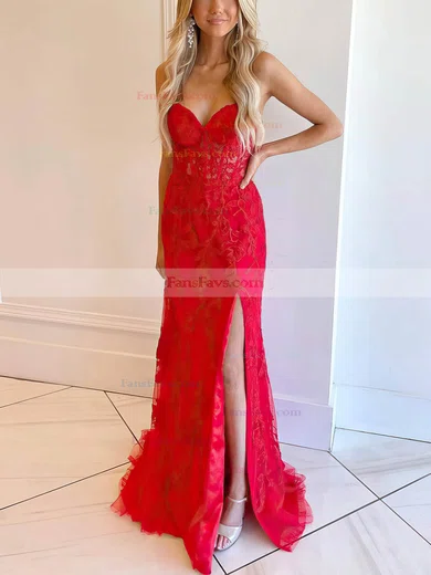 Sheath/Column Sweetheart Tulle Sweep Train Prom Dresses With Appliques Lace #Favs020115948