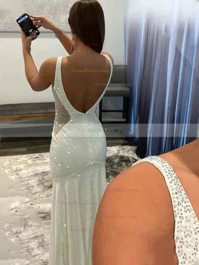 Trumpet/Mermaid V-neck Silk-like Satin Sweep Train Prom Dresses With Beading #Favs020115949