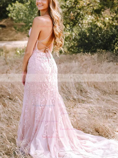 Trumpet/Mermaid Scoop Neck Tulle Sweep Train Prom Dresses With Appliques Lace #Favs020115951