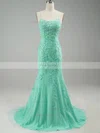 Trumpet/Mermaid Scoop Neck Tulle Sweep Train Prom Dresses With Appliques Lace #Favs020115952
