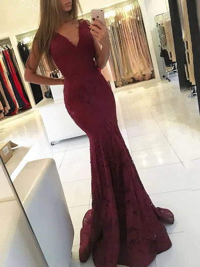 Trumpet/Mermaid V-neck Lace Sweep Train Prom Dresses #Favs020105788