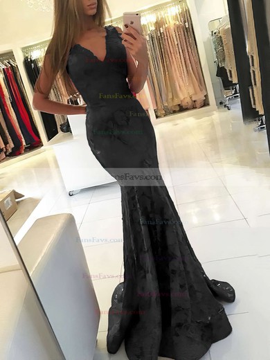 Trumpet/Mermaid V-neck Lace Sweep Train Prom Dresses #Favs020105788