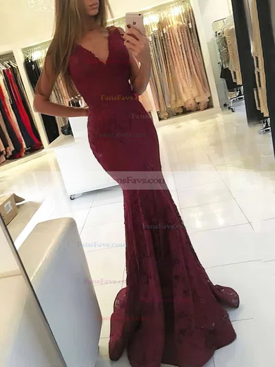 Trumpet/Mermaid V-neck Lace Sweep Train Prom Dresses #Favs020105788
