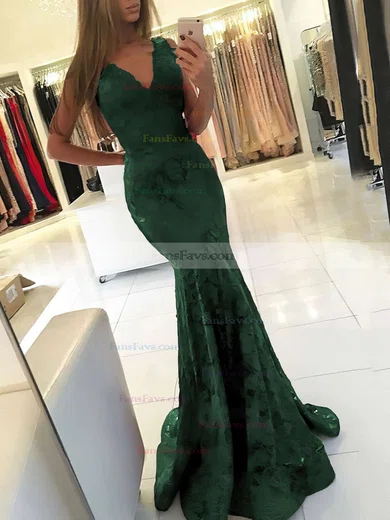 Trumpet/Mermaid V-neck Lace Sweep Train Prom Dresses #Favs020105788