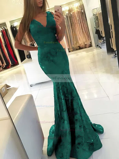 Trumpet/Mermaid V-neck Lace Sweep Train Prom Dresses #Favs020105788