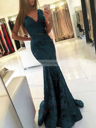 Trumpet/Mermaid V-neck Lace Sweep Train Prom Dresses #Favs020105788