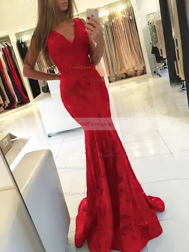 Trumpet/Mermaid V-neck Lace Sweep Train Prom Dresses #Favs020105788