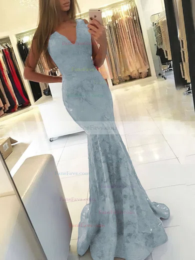 Trumpet/Mermaid V-neck Lace Sweep Train Prom Dresses #Favs020105788