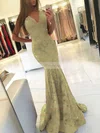 Trumpet/Mermaid V-neck Lace Sweep Train Prom Dresses #Favs020105788