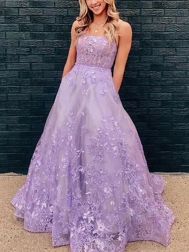 A-line Square Neckline Tulle Sweep Train Prom Dresses With Appliques Lace #Favs020115956