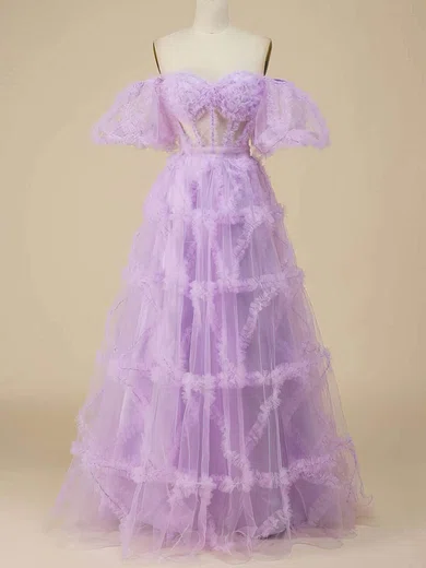A-line Off-the-shoulder Tulle Floor-length Prom Dresses With Tiered #Favs020115957
