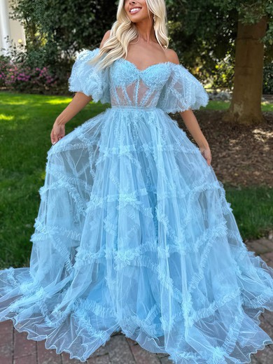 A-line Off-the-shoulder Tulle Sweep Train Prom Dresses With Tiered #Favs020115958