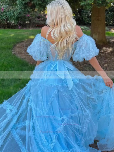 A-line Off-the-shoulder Tulle Sweep Train Prom Dresses With Tiered #Favs020115958