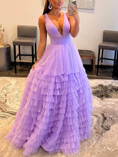 Ball Gown V-neck Tulle Sweep Train Prom Dresses With Tiered #Favs020115959