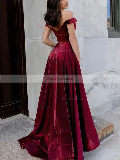 A-line Off-the-shoulder Satin Sweep Train Prom Dresses With Pockets #Favs020115966