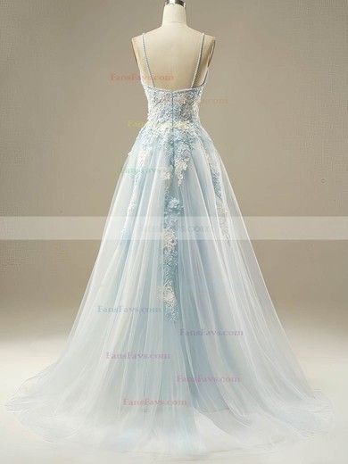 A-line V-neck Tulle Sweep Train Prom Dresses With Pearl Detailing #Favs020115970