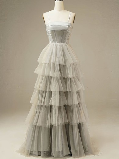 A-line Square Neckline Tulle Sweep Train Prom Dresses With Tiered #Favs020115971
