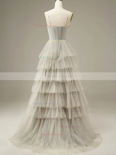 A-line Square Neckline Tulle Sweep Train Prom Dresses With Tiered #Favs020115971