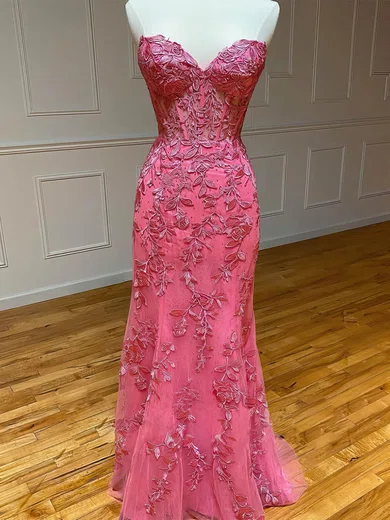 Trumpet/Mermaid Sweetheart Tulle Sweep Train Prom Dresses With Appliques Lace #Favs020115972