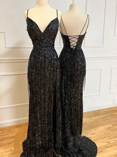 Sheath/Column V-neck Sequined Sweep Train Prom Dresses #Favs020115974