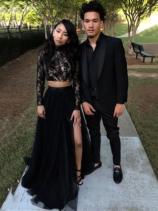 A-line High Neck Lace Tulle Sweep Train Beading Prom Dresses #Favs020105613