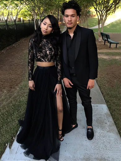 A-line High Neck Lace Tulle Sweep Train Beading Prom Dresses #Favs020105613