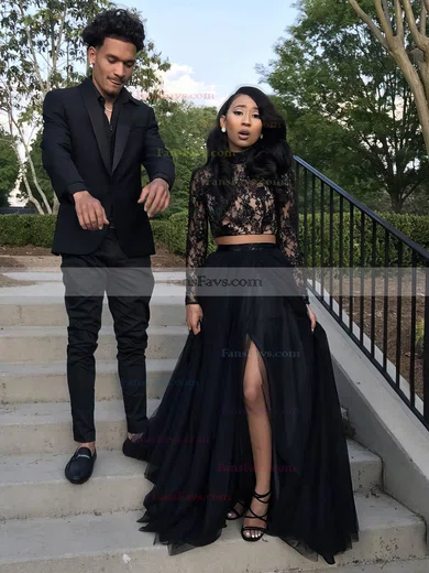 A-line High Neck Lace Tulle Sweep Train Beading Prom Dresses #Favs020105613