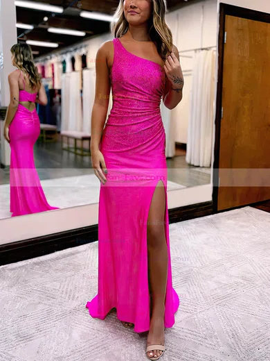 Sheath/Column One Shoulder Silk-like Satin Sweep Train Prom Dresses With Beading #Favs020115988
