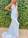 Trumpet/Mermaid V-neck Sequined Sweep Train Prom Dresses With Flower(s) #Favs020115989